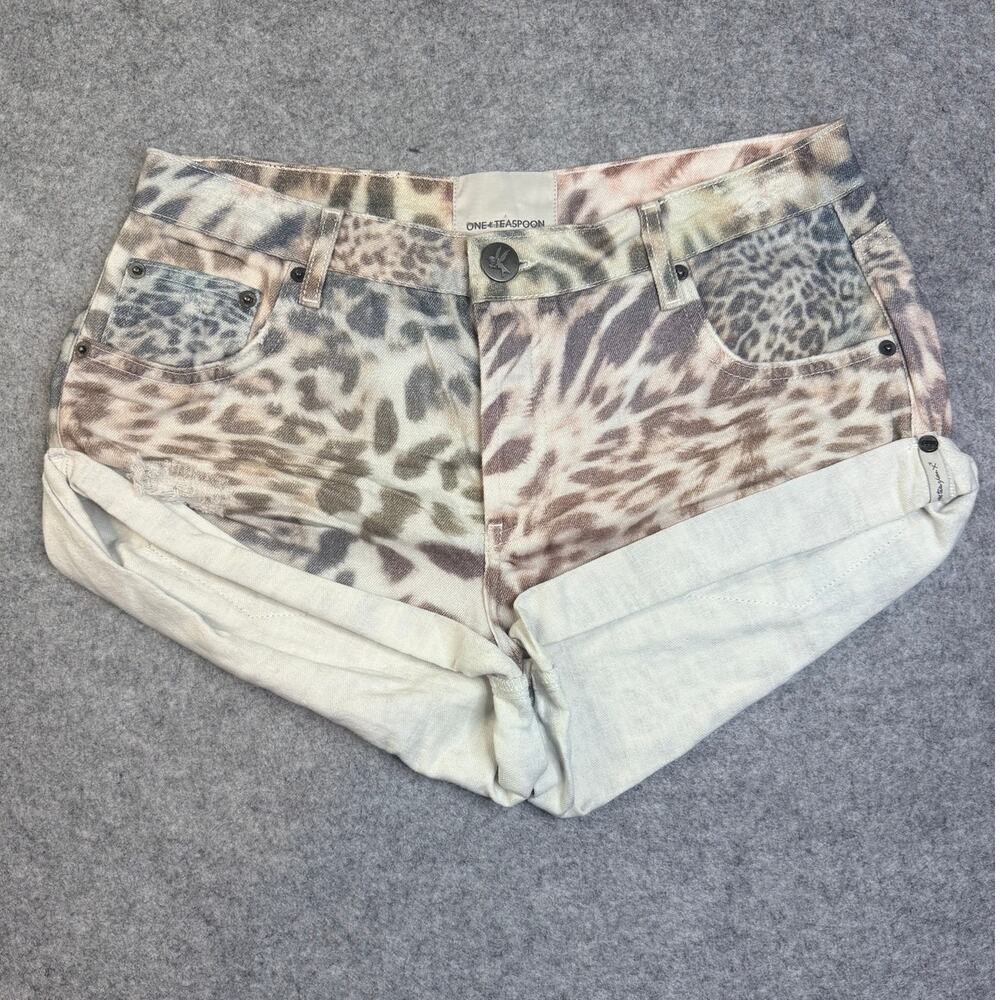 One Teaspoon Animal Print Bandit Denim Shorts Rolled Hem Size 27 NWT - Picture 2 of 9